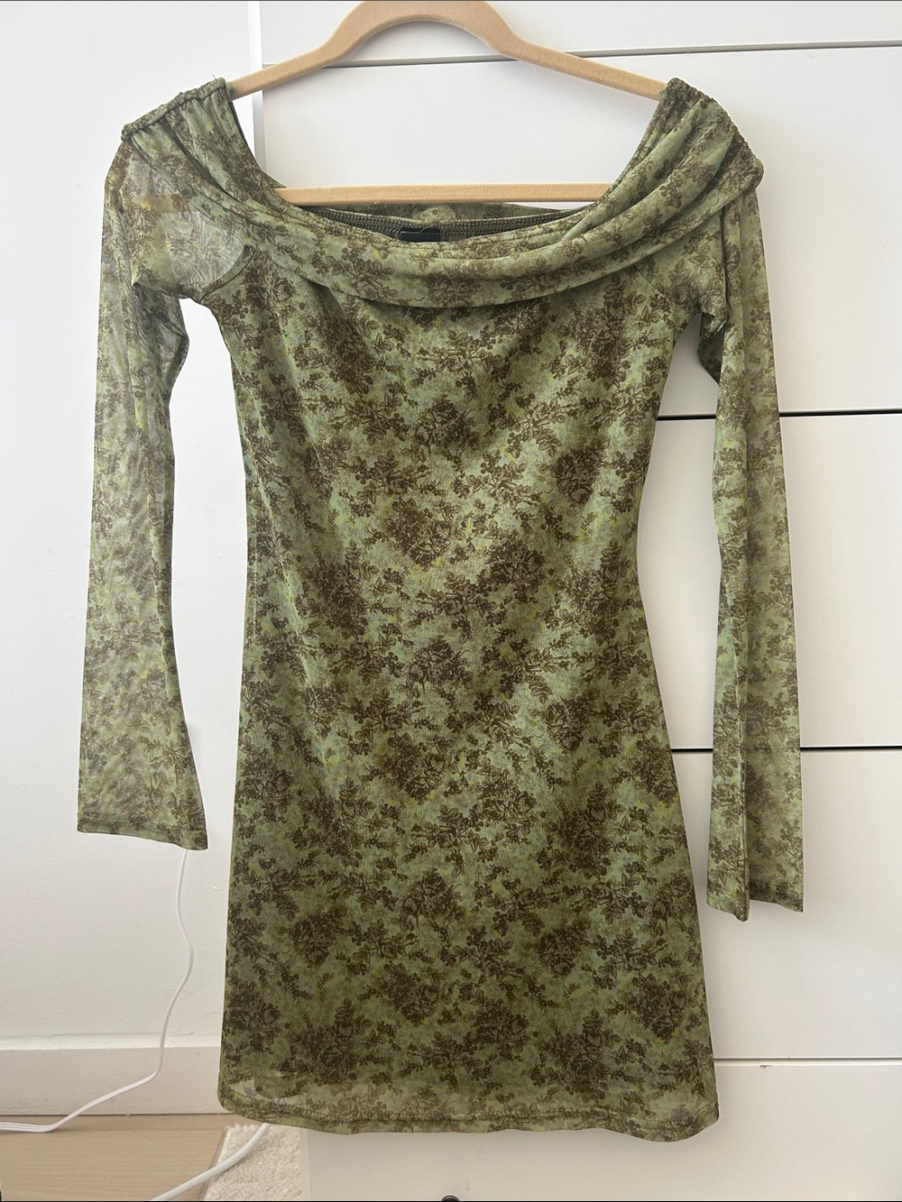Urban Outfitters Olive Green Floral Off-Shoulder Dress